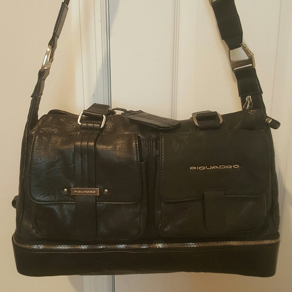 Piquadro Black Leather Duffle Bag Weekender - Picture 11 of 16